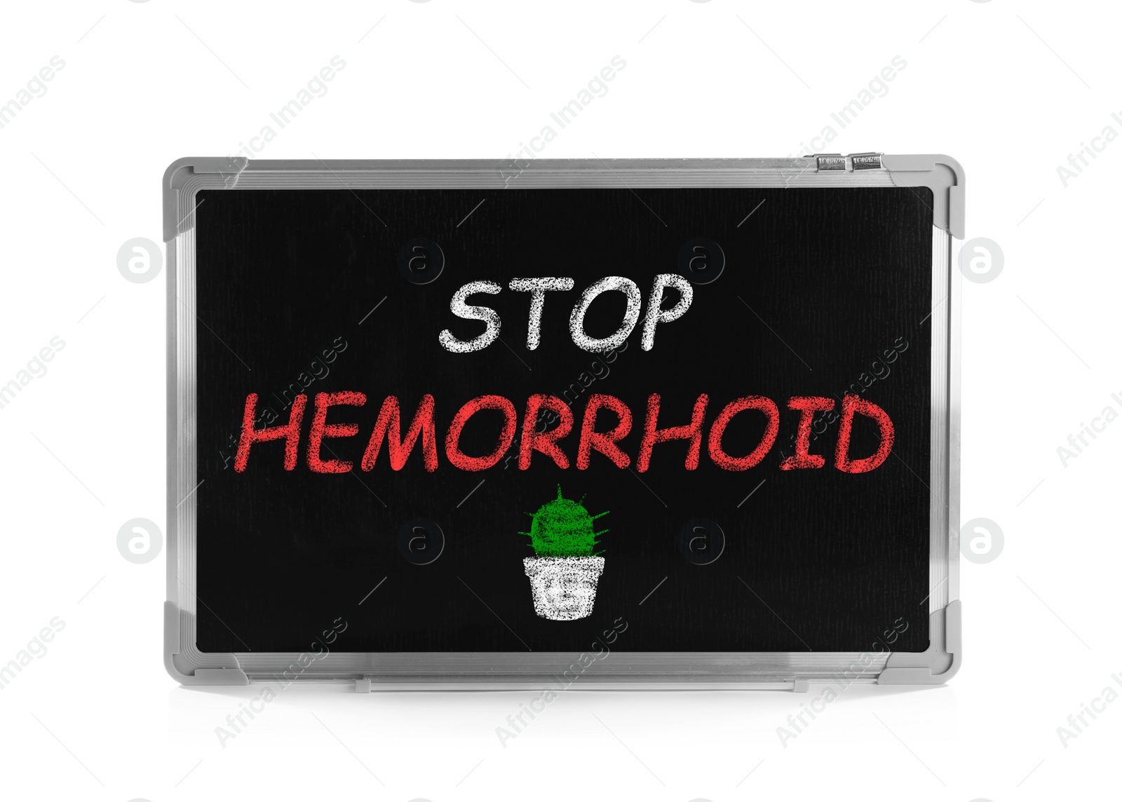 Image of Small blackboard with phrase Stop Hemorrhoid isolated on white