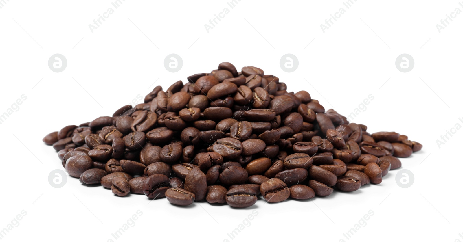 Photo of Pile of roasted coffee beans on white background