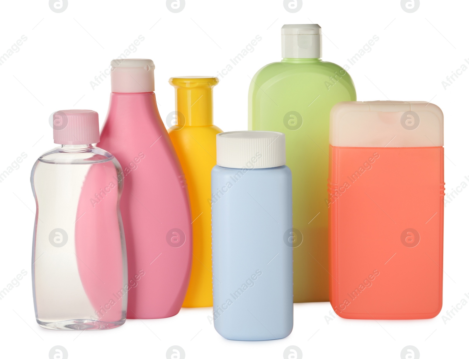 Photo of Bottles of baby cosmetic products on white background