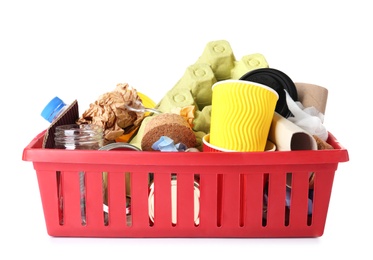 Crate with different garbage on white background. Trash recycling