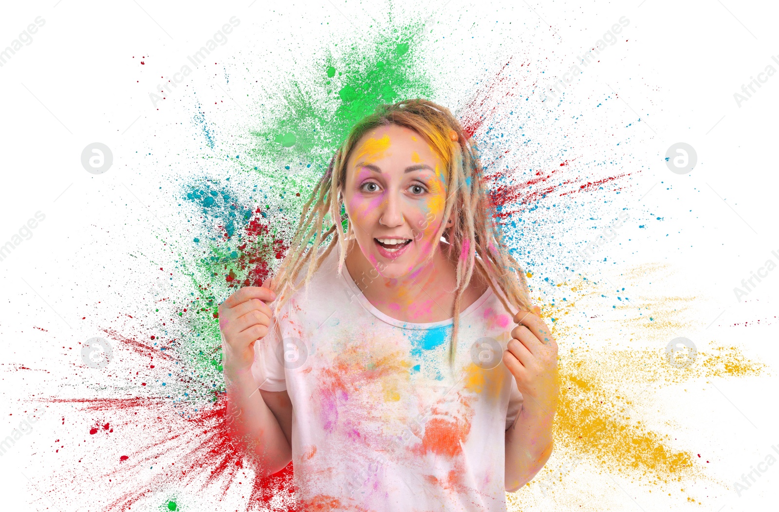 Image of Holi festival celebration. Happy woman covered with colorful powder dyes on white background