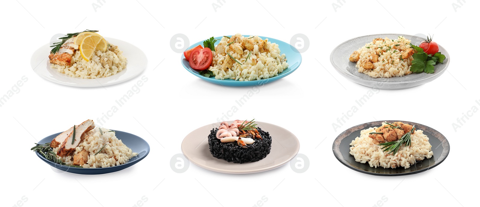 Image of Collage with delicious rissotos on white background