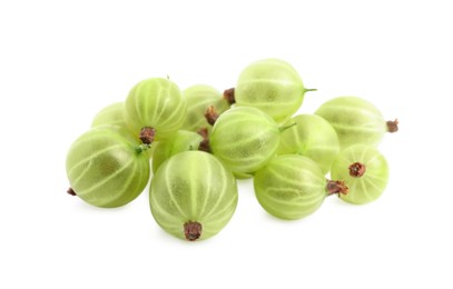 Pile of fresh ripe gooseberries on white background