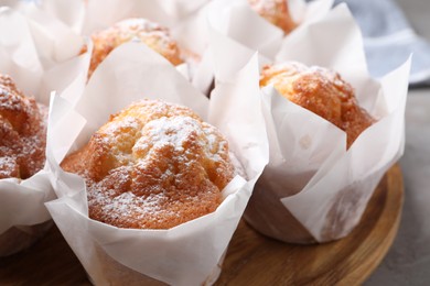 Delicious muffins with powdered sugar on table, closeup