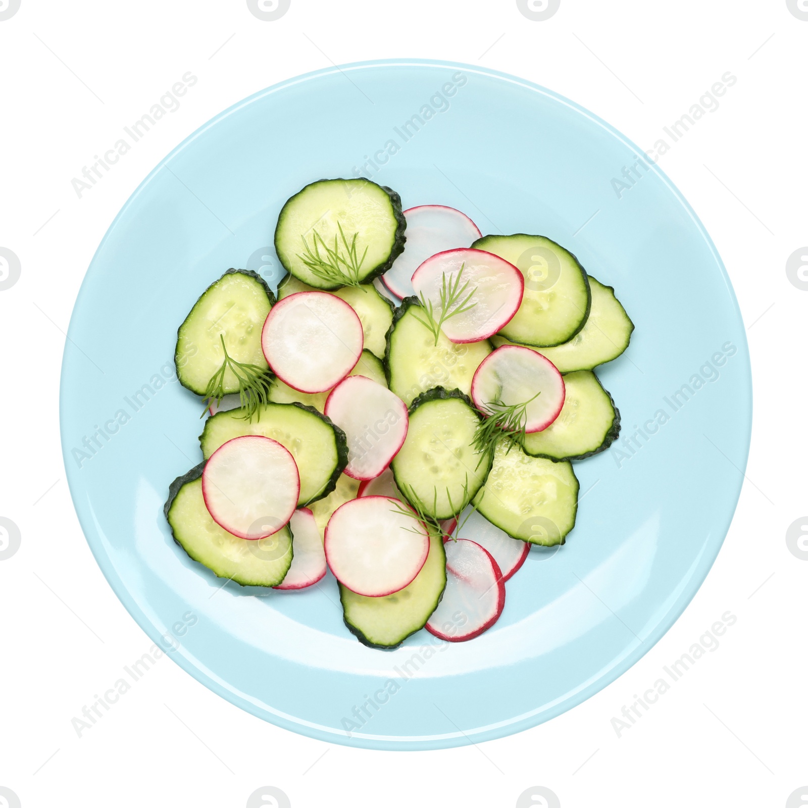 Photo of Tasty salad with cucumber and radish isolated on white, top view