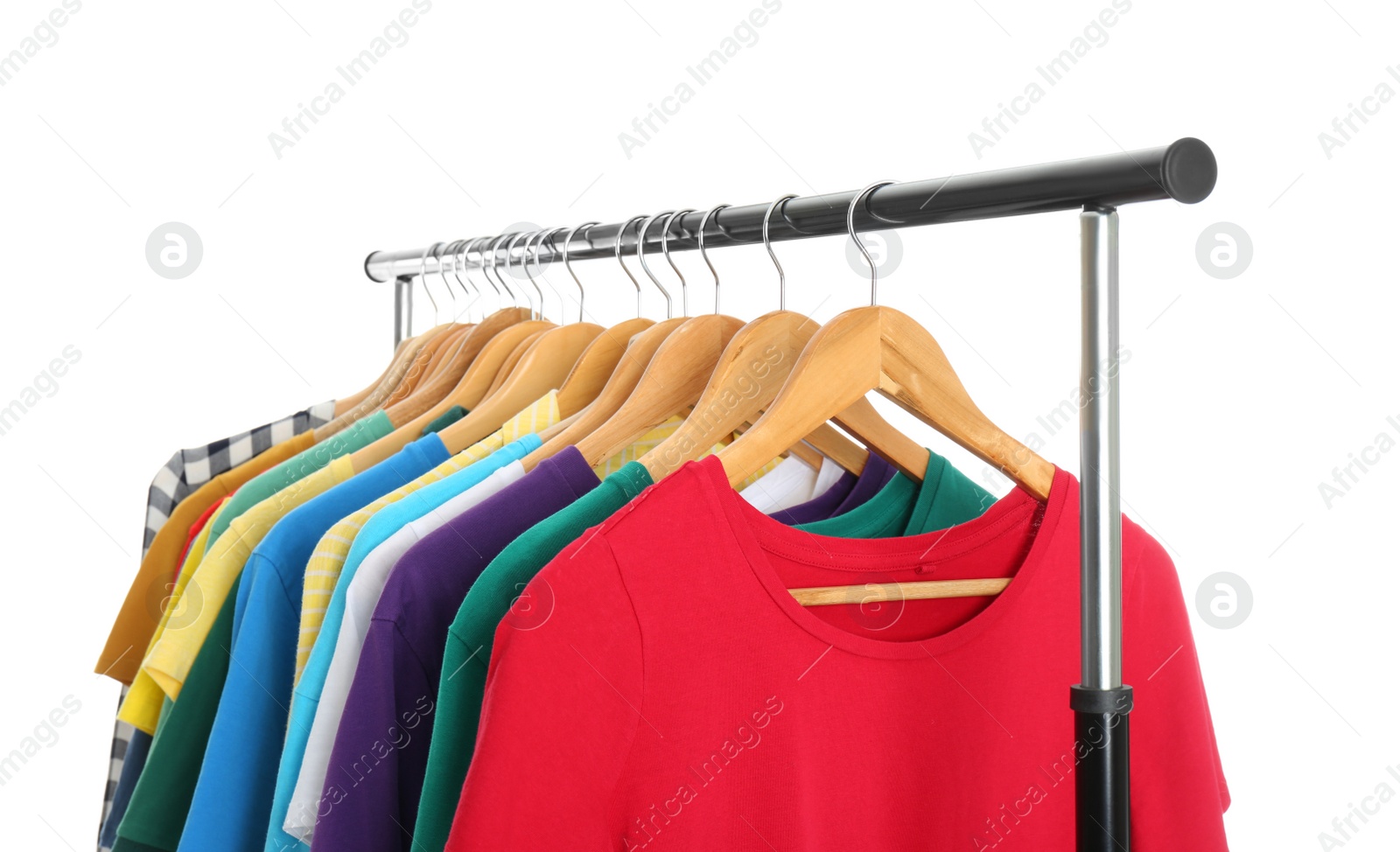 Photo of Rack with stylish t-shirts isolated on white