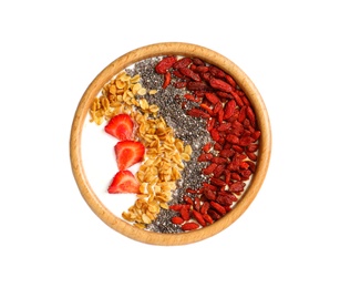 Photo of Smoothie bowl with goji berries on white background, top view