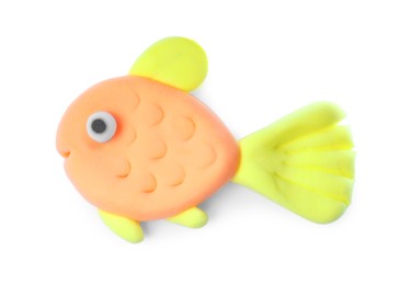 Photo of Colorful fish made from play dough isolated on white, top view