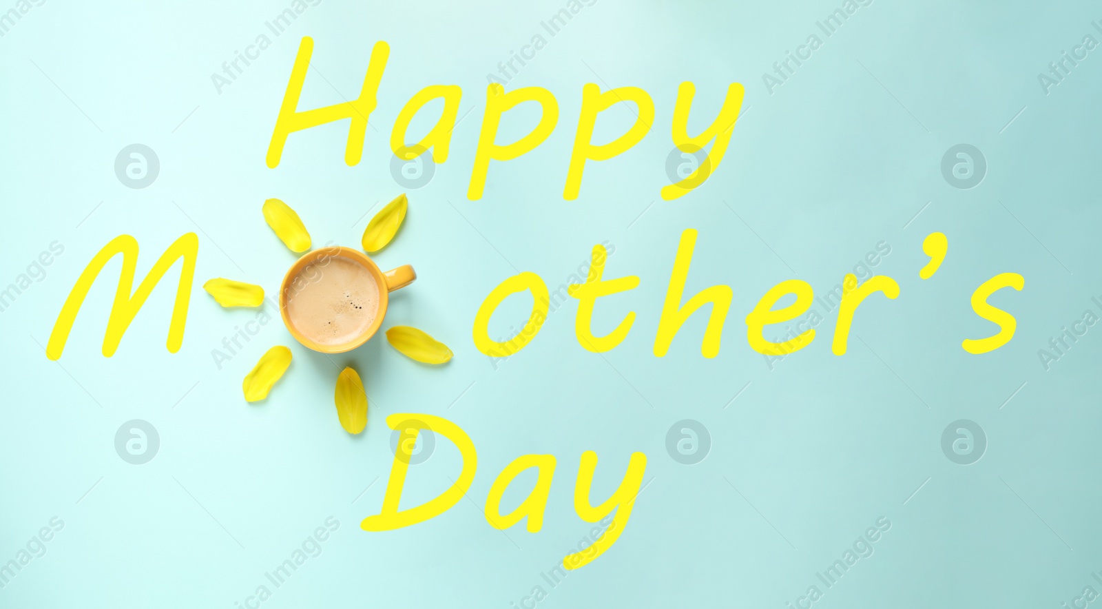 Image of Phrase HAPPY MOTHER'S DAY made with cup of coffee and petals on light blue background, flat lay