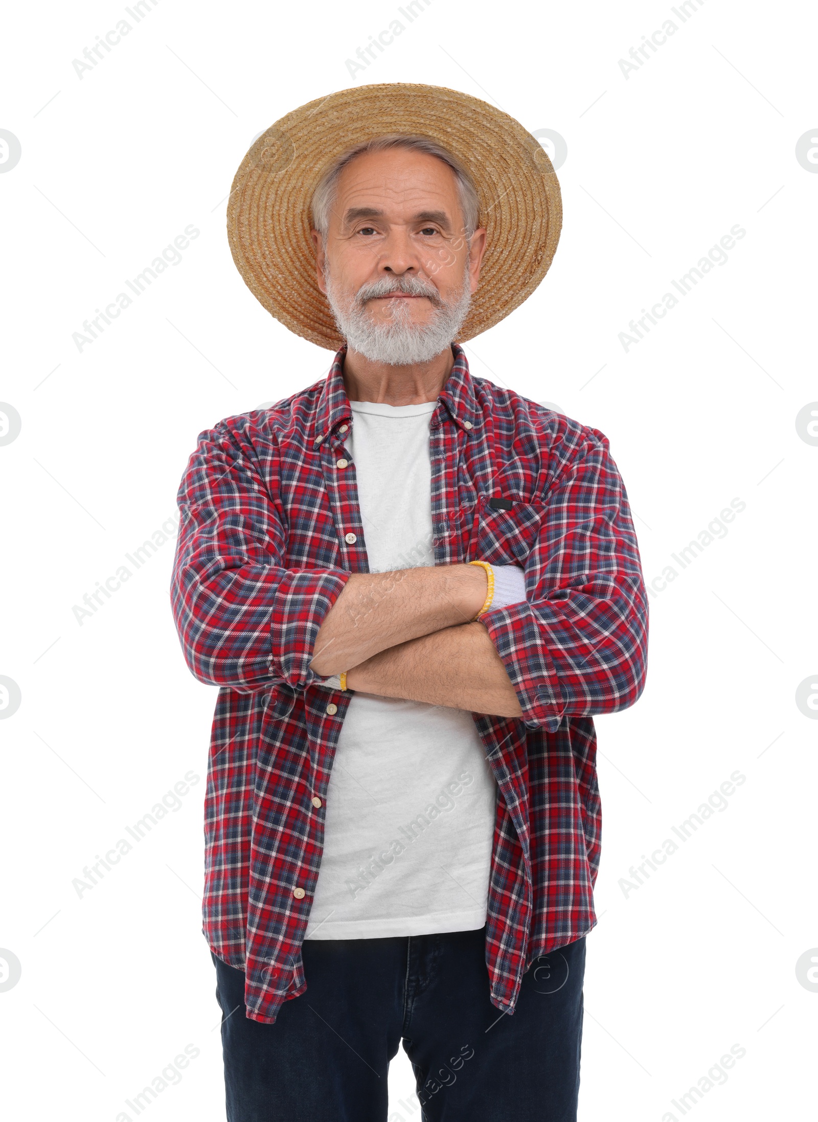 Photo of Harvesting season. Farmer with crossed arms on white background