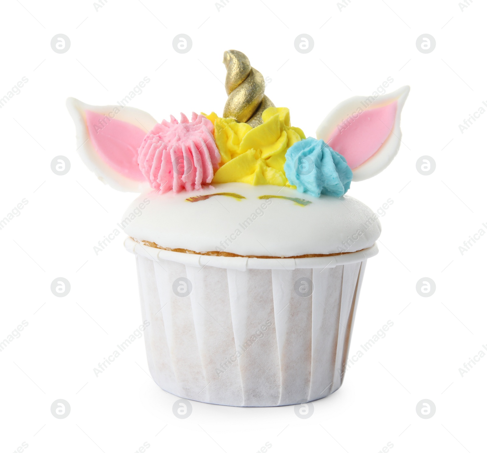 Photo of Cute sweet unicorn cupcake isolated on white