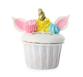 Cute sweet unicorn cupcake isolated on white