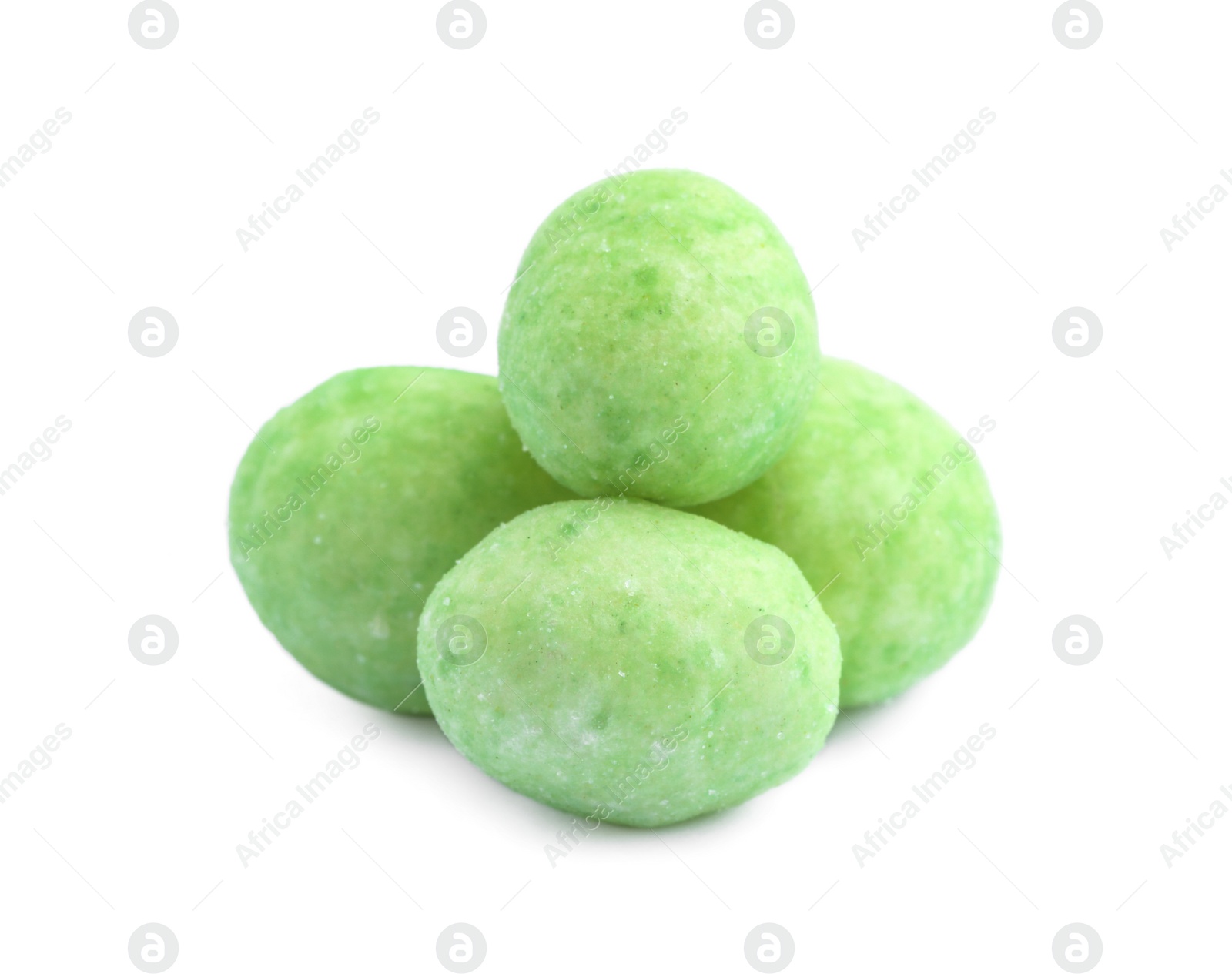 Photo of Pile of wasabi coated peanuts on white background