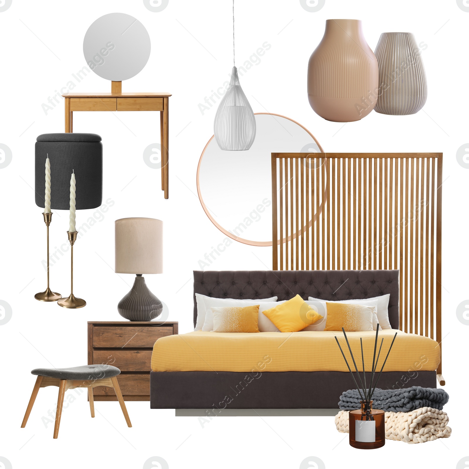 Image of Stylish bedroom interior with different decorative elements and furniture on white background. Mood board collage