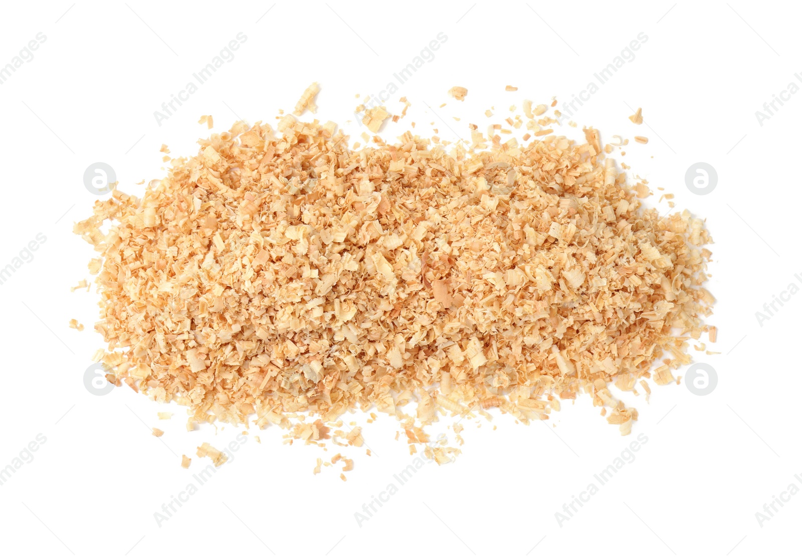 Photo of Pile of natural sawdust isolated on white, top view