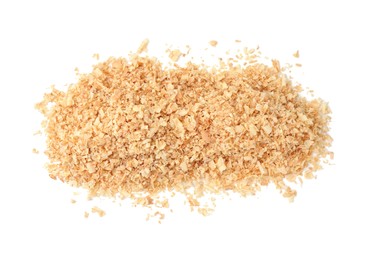 Pile of natural sawdust isolated on white, top view