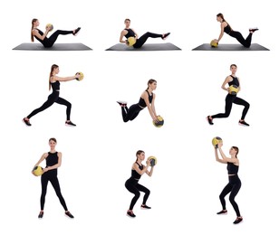 Image of Athletic woman doing different exercises with medicine ball on white background, collage