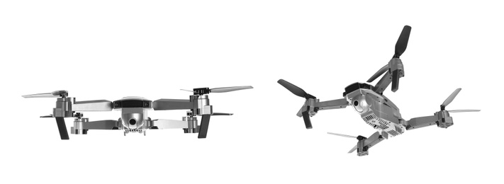 Image of Modern drone on white background, views from different sides. Banner design
