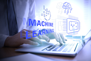 Image of Double exposure of man using laptop and machine learning model, closeup