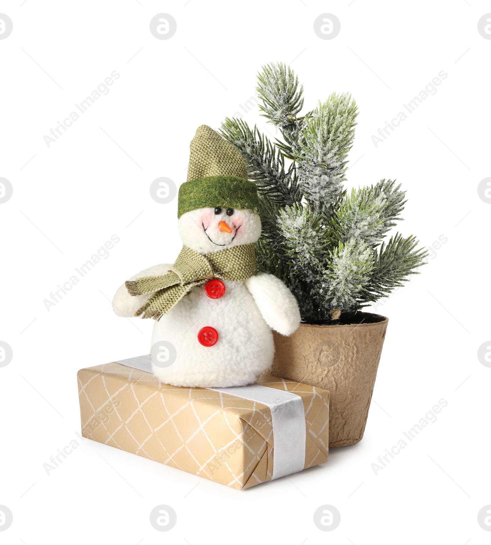 Photo of Cute snowman and Christmas decoration on white background