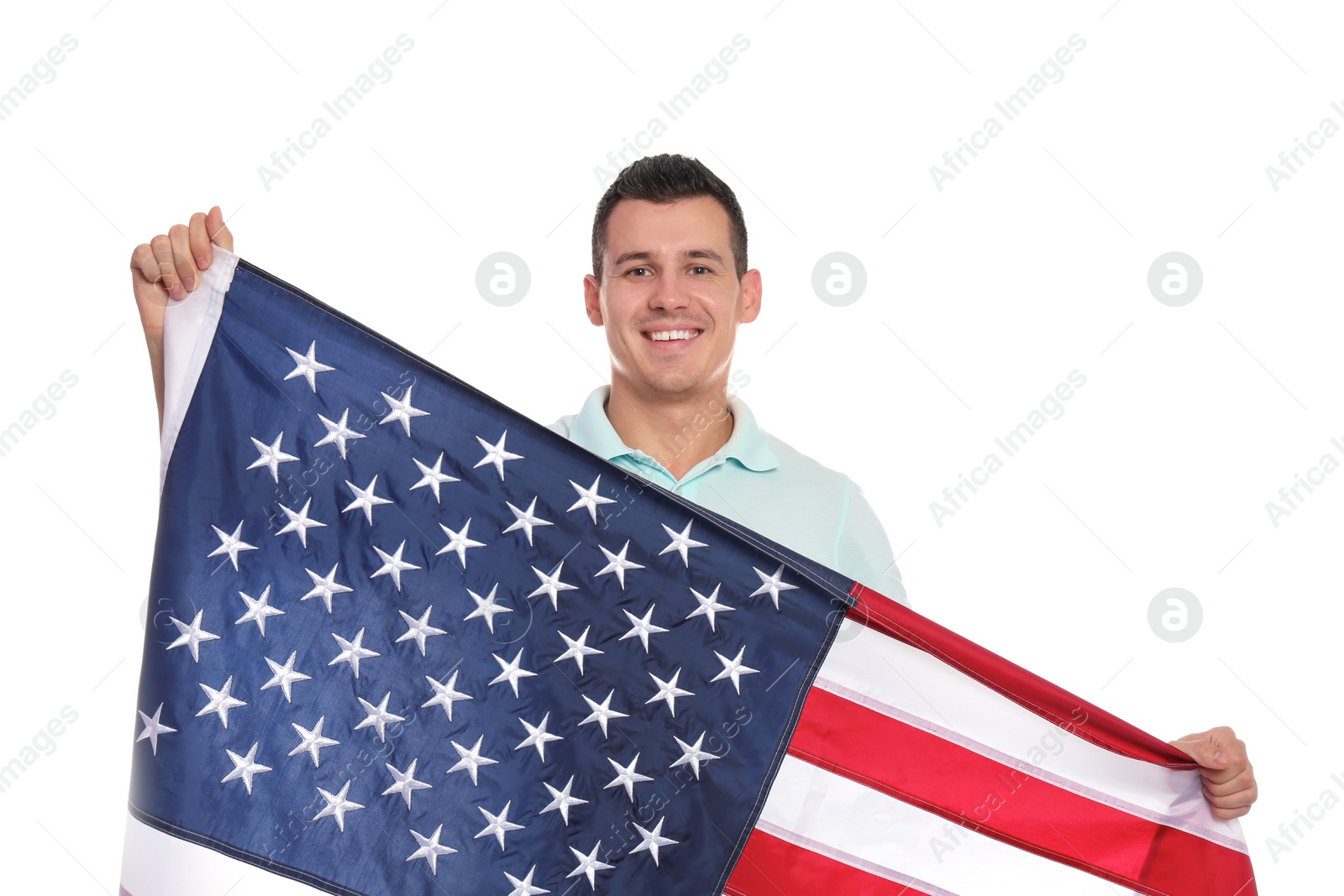 Photo of Portrait of man with American flag on white background