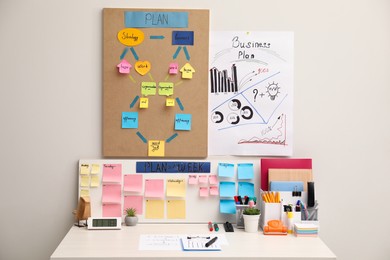Business process planning and optimization. Workplace with colorful paper notes and other stationery on white wooden table