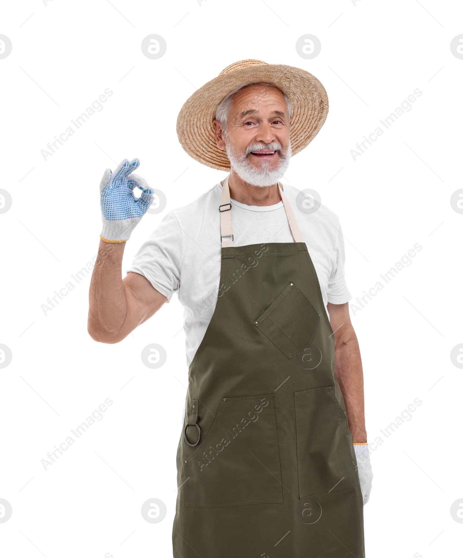 Photo of Harvesting season. Happy farmer showing ok gesture on white background