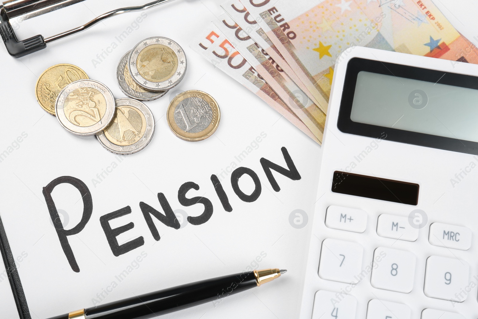 Photo of Calculator, money, clipboard with paper sheet and pen, top view. Pension concept