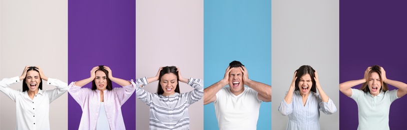 Image of Collage with photos of stressed people on color backgrounds
