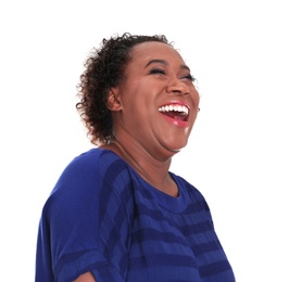 Portrait of happy African-American woman on white background