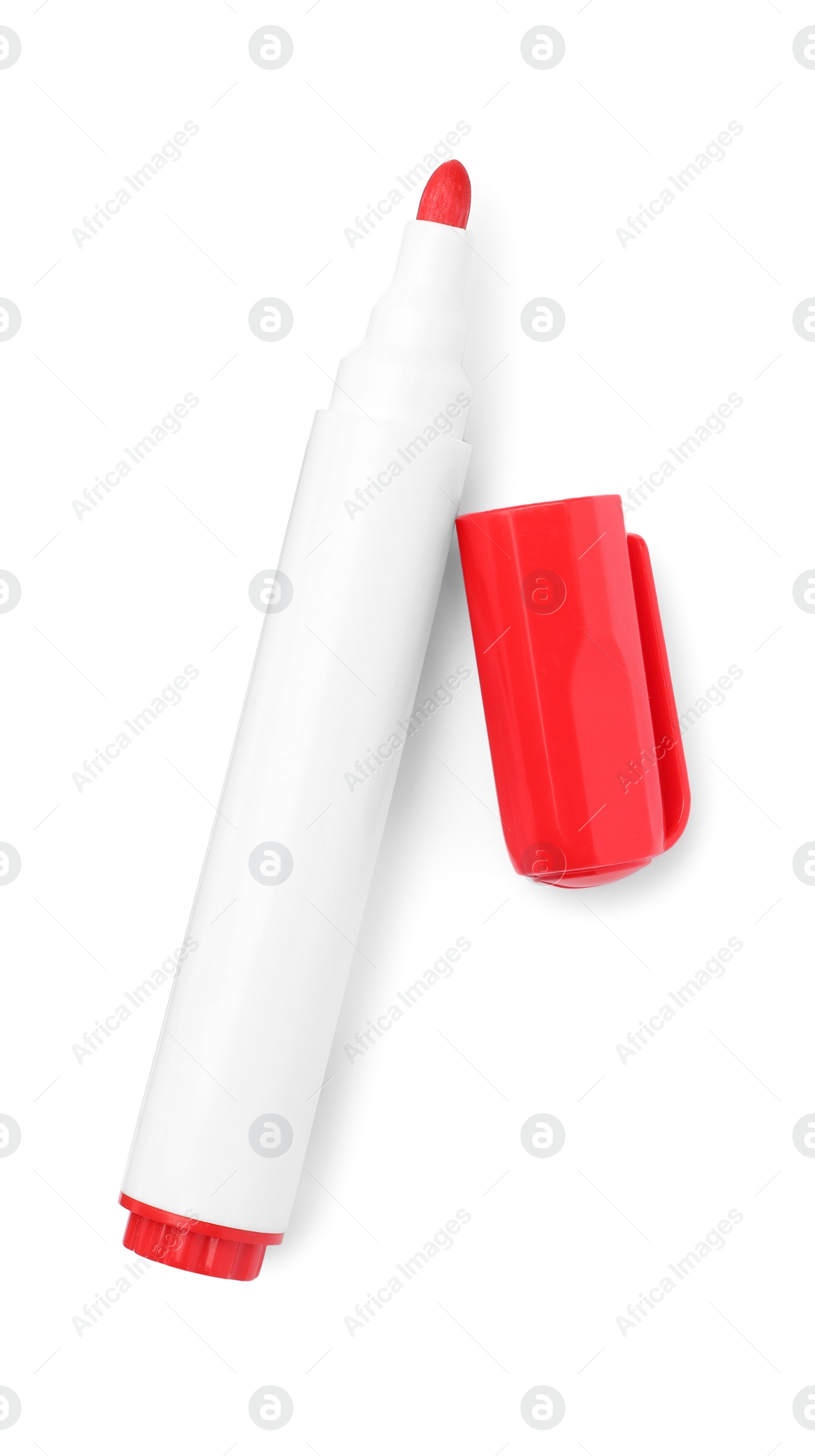 Photo of Bright red marker isolated on white, top view. School stationery