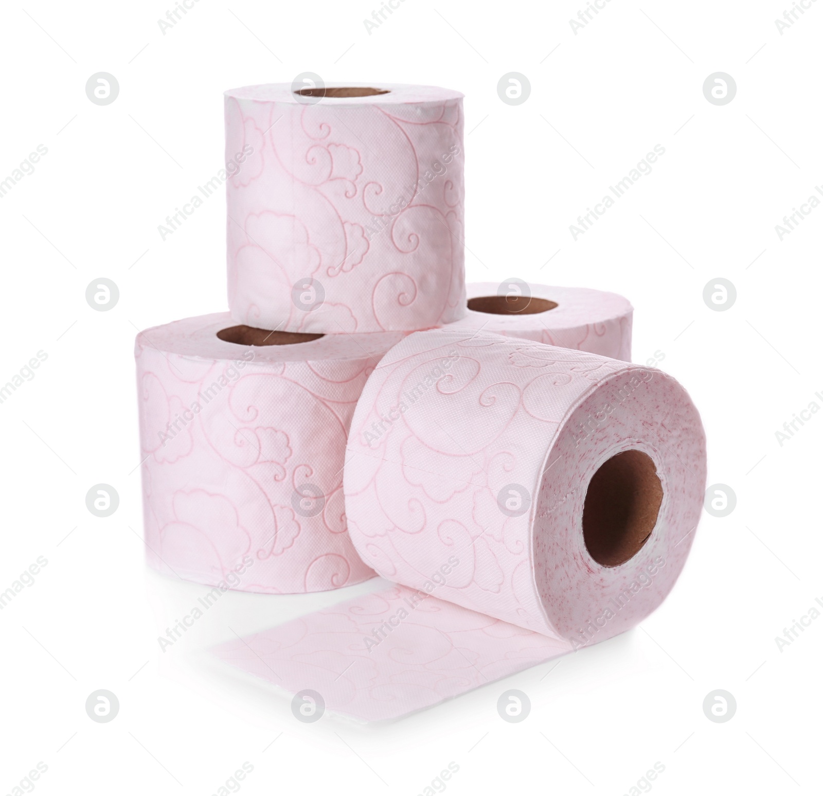 Photo of Rolls of toilet paper on white background. Personal hygiene