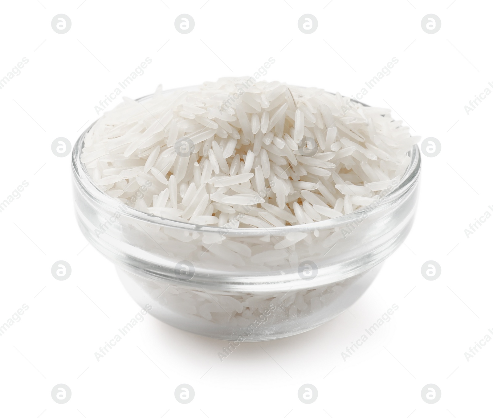 Photo of Raw basmati rice in glass bowl isolated on white