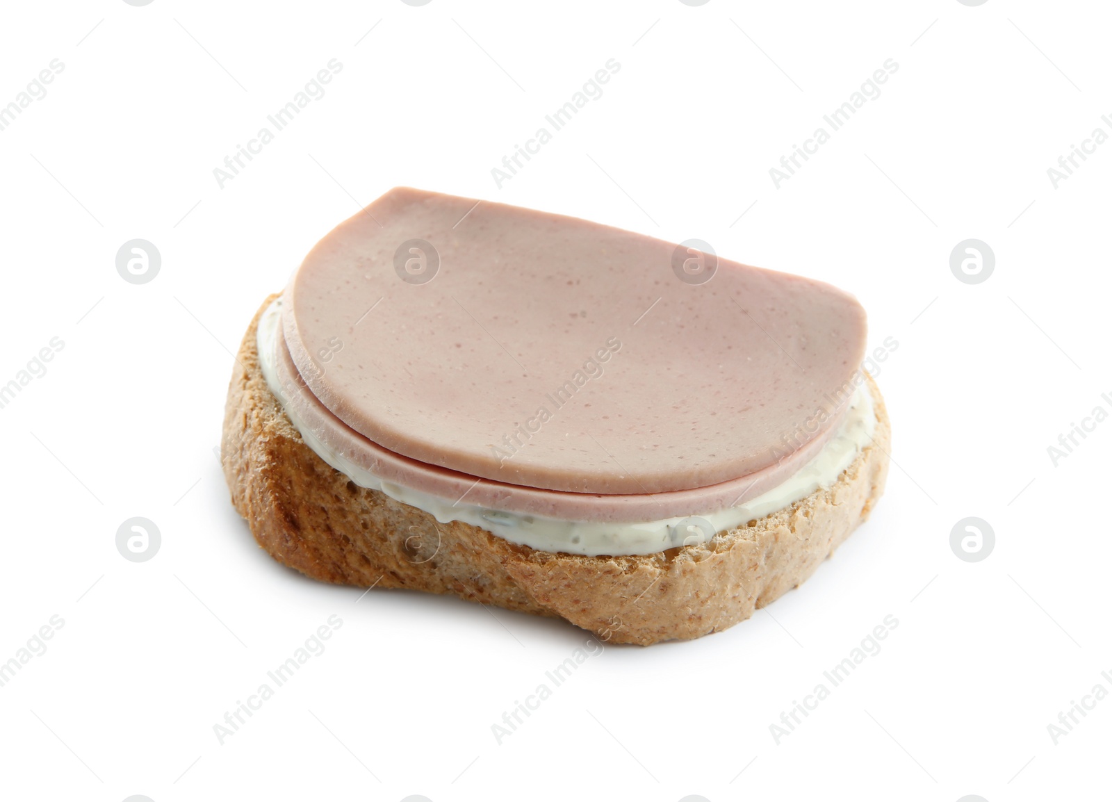 Photo of Delicious sandwich with boiled sausage and sauce isolated on white