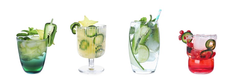 Image of Set of different spicy cocktails with jalapenos on white background. Banner design