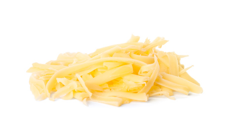 Photo of Pile of grated cheese isolated on white