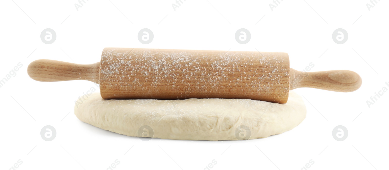 Photo of Raw dough and rolling pin isolated on white