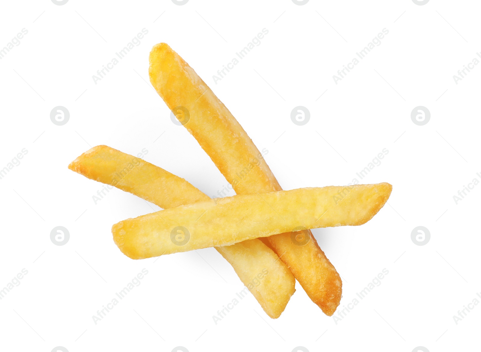 Photo of Delicious fresh french fries on white background, top view