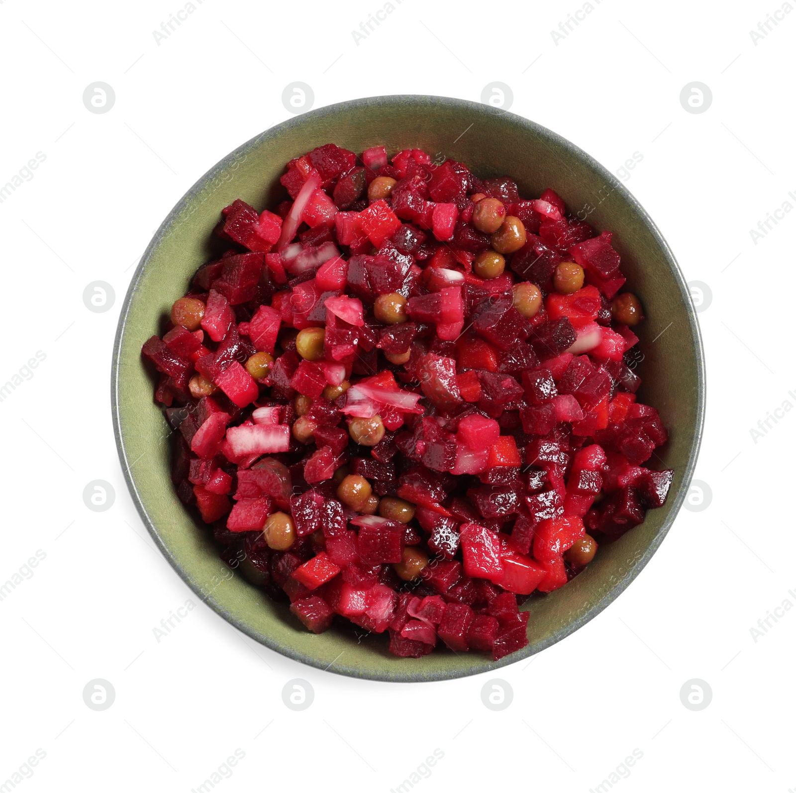 Photo of Bowl of delicious fresh vinaigrette salad isolated on white, top view