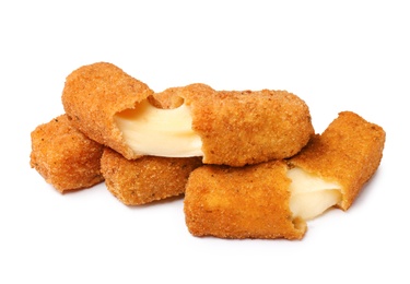 Photo of Pile of tasty cheese sticks isolated on white