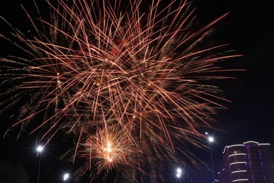 Photo of Beautiful fireworks lighting up night sky outdoors