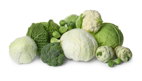 Photo of Many different fresh ripe cabbages on white background