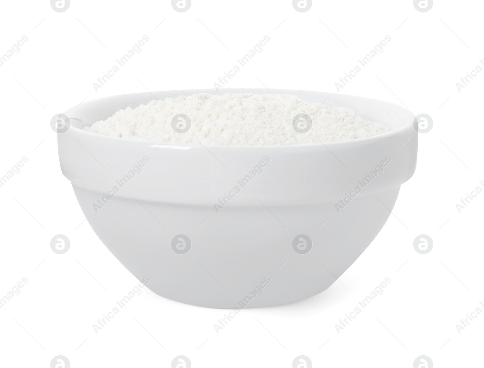 Photo of Baking powder in bowl isolated on white