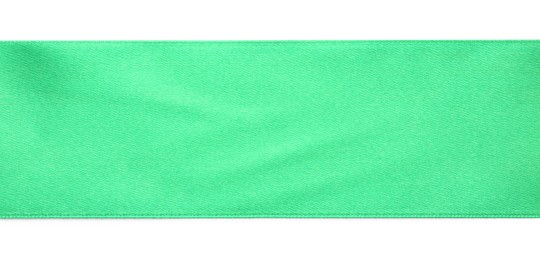 Photo of Beautiful light green ribbon isolated on white, top view