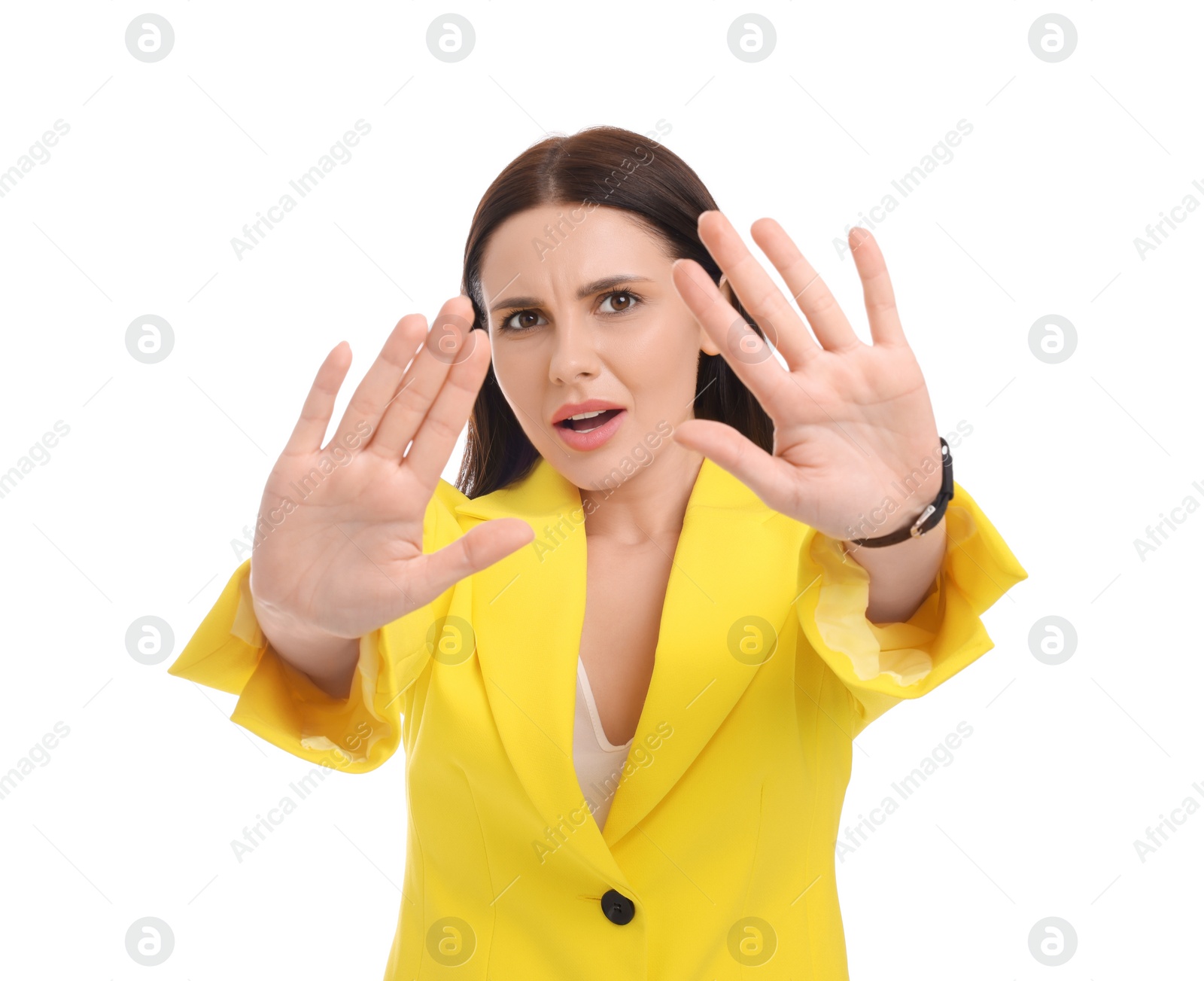 Photo of Beautiful businesswoman in yellow suit on white background