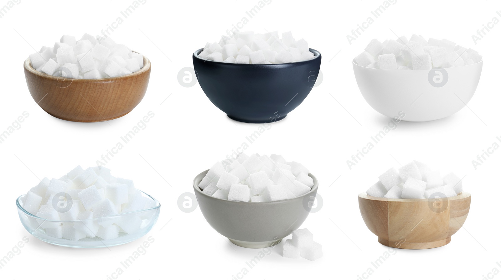 Image of Sugar cubes in bowls isolated on white, set