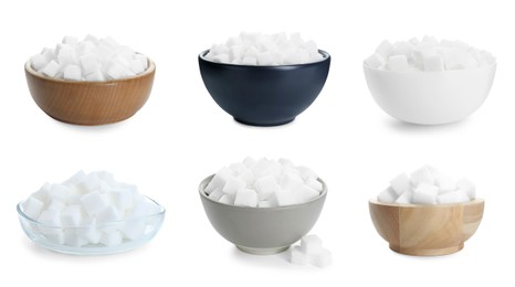 Sugar cubes in bowls isolated on white, set