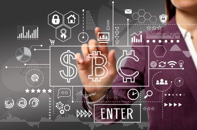 Cryptocurrency. Businesswoman using virtual screen with different icons, charts and symbols against grey background, closeup