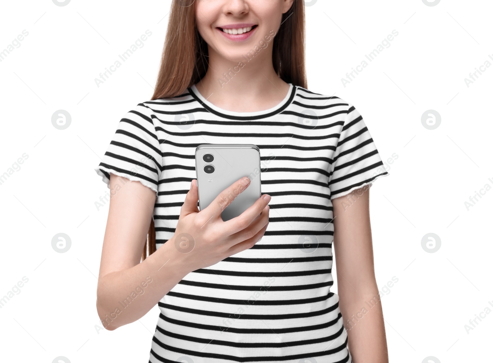 Photo of Happy woman sending message via smartphone on white background, closeup