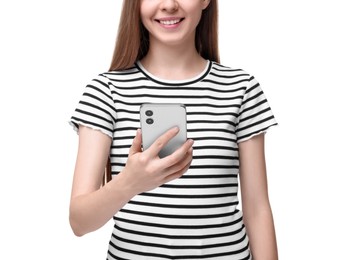 Happy woman sending message via smartphone on white background, closeup